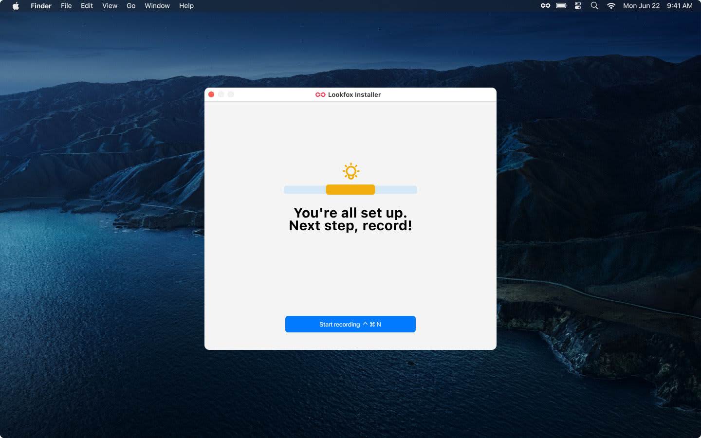 Onboarding complete window with a button to start capturing